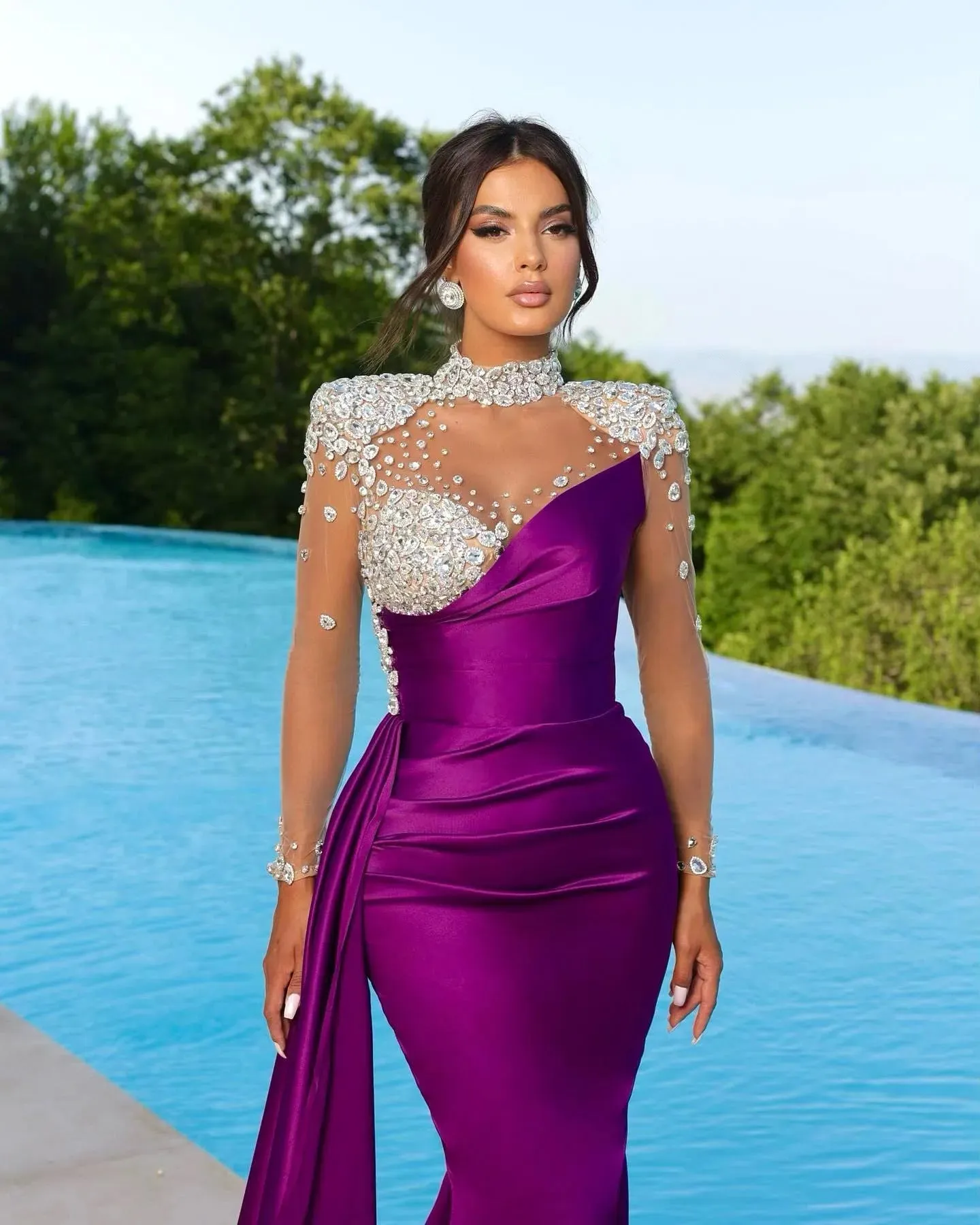 Elegant Black Peach Purple Mermaid Evening Dresses High Neck Sheer Appliques Beads Illusion Long Sleeve Pleats Ruffles Formal Occasion Prom Gowns BC16781