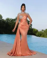 Elegant Black Peach Purple Mermaid Evening Dresses High Neck Sheer Appliques Beads Illusion Long Sleeve Pleats Ruffles Formal Occasion Prom Gowns BC16781