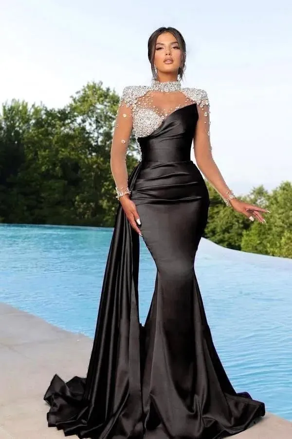 Elegant Black Peach Purple Mermaid Evening Dresses High Neck Sheer Appliques Beads Illusion Long Sleeve Pleats Ruffles Formal Occasion Prom Gowns BC16781