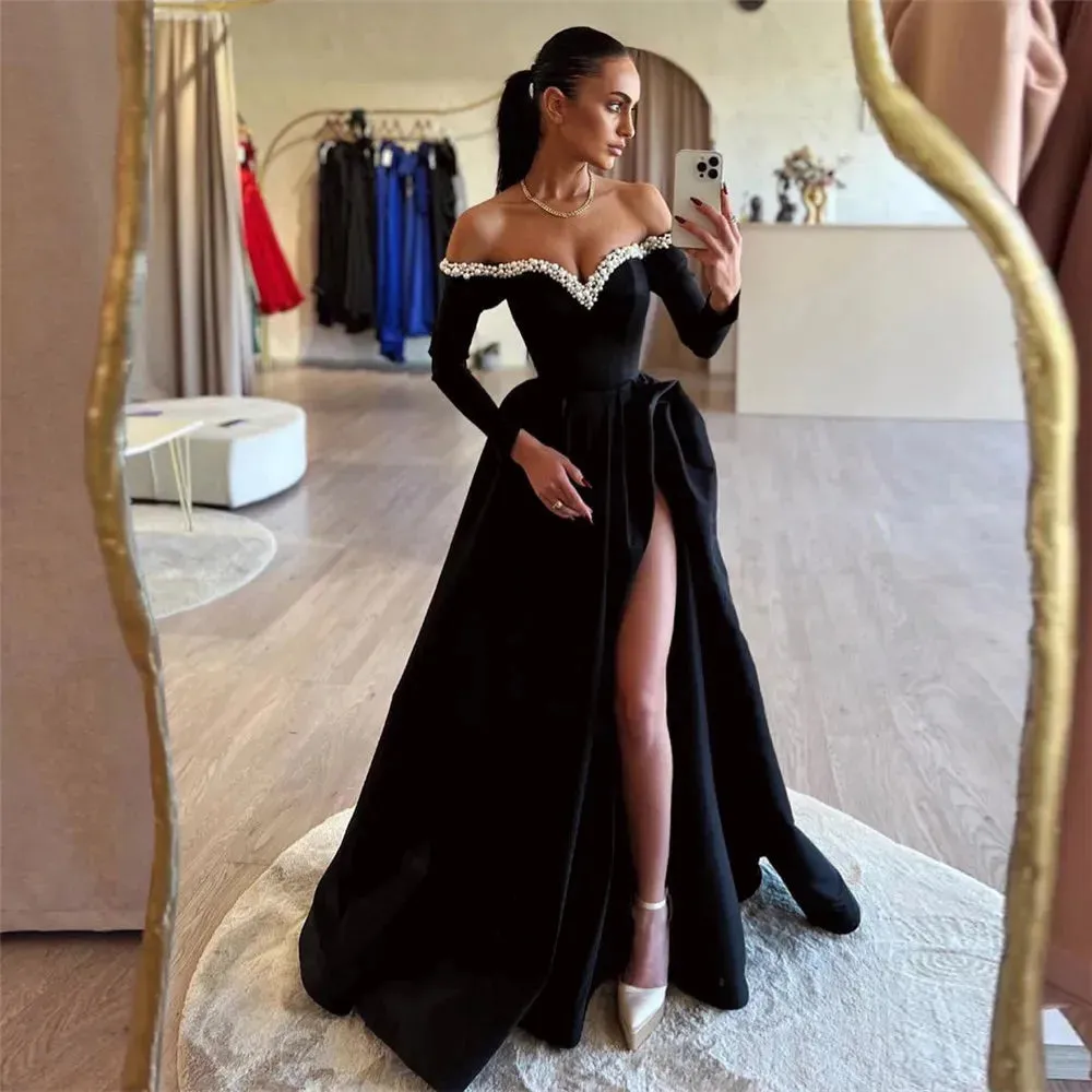 Elegant Black Prom Dresses A-Line Satin Off The Shoulder Long Sleeves Floor Length Party Gowns vestidos de graduación