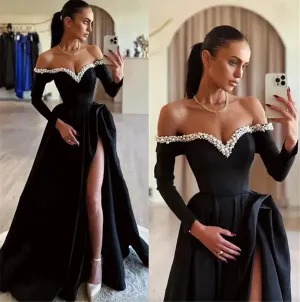Elegant Black Prom Dresses A-Line Satin Off The Shoulder Long Sleeves Floor Length Party Gowns vestidos de graduación