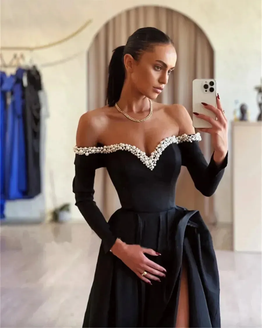 Elegant Black Prom Dresses A-Line Satin Off The Shoulder Long Sleeves Floor Length Party Gowns vestidos de graduación