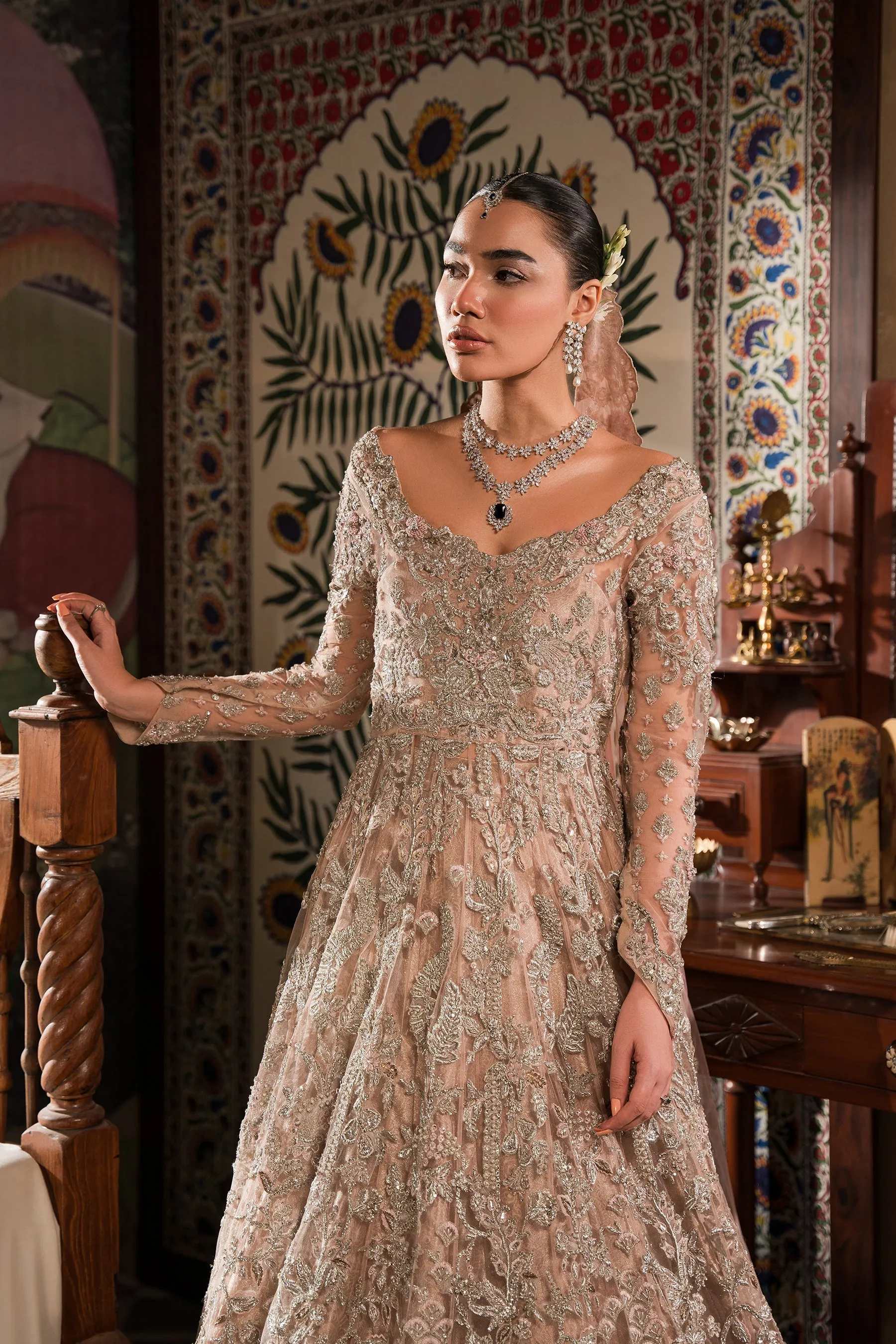 Elegant Blush Pink Embroidered Pakistani Bridal Dress Pishwas gown