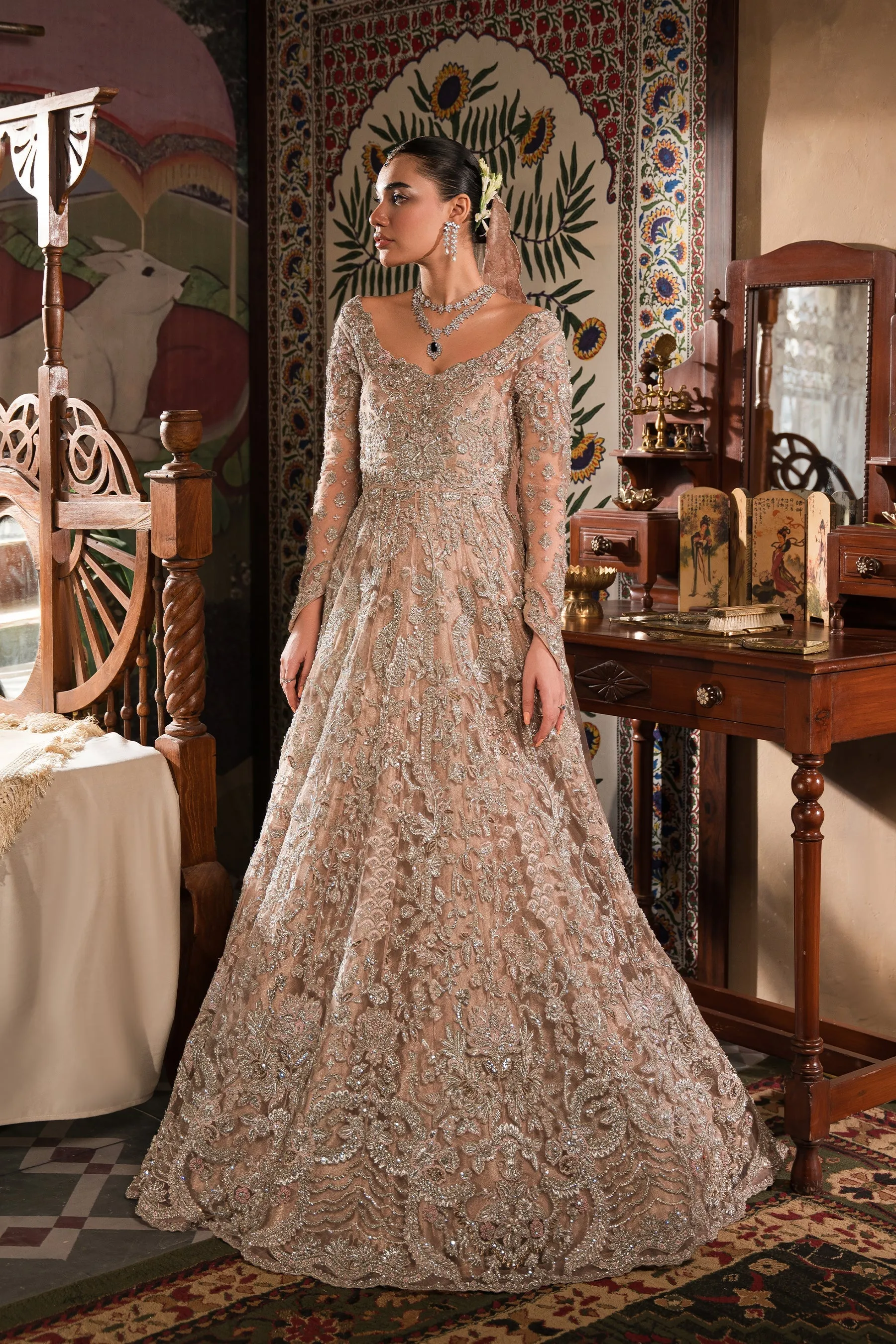 Elegant Blush Pink Embroidered Pakistani Bridal Dress Pishwas gown