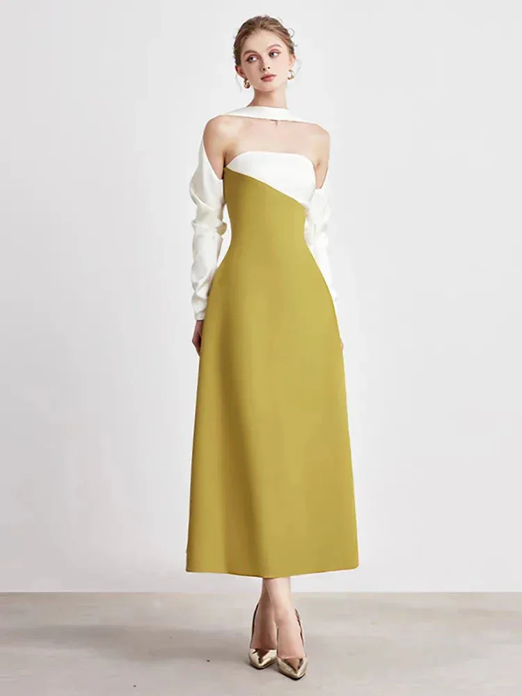 Elegant Dress Strapless Off Shoulder Contrast Color Asymmetric Women's Party Halter Dress
