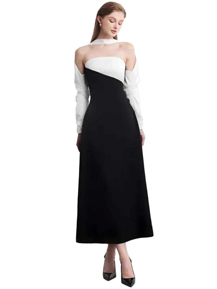 Elegant Dress Strapless Off Shoulder Contrast Color Asymmetric Women's Party Halter Dress