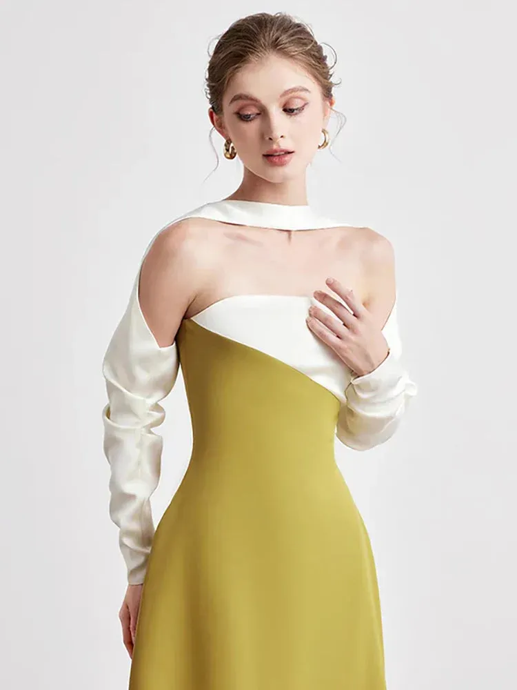 Elegant Dress Strapless Off Shoulder Contrast Color Asymmetric Women's Party Halter Dress