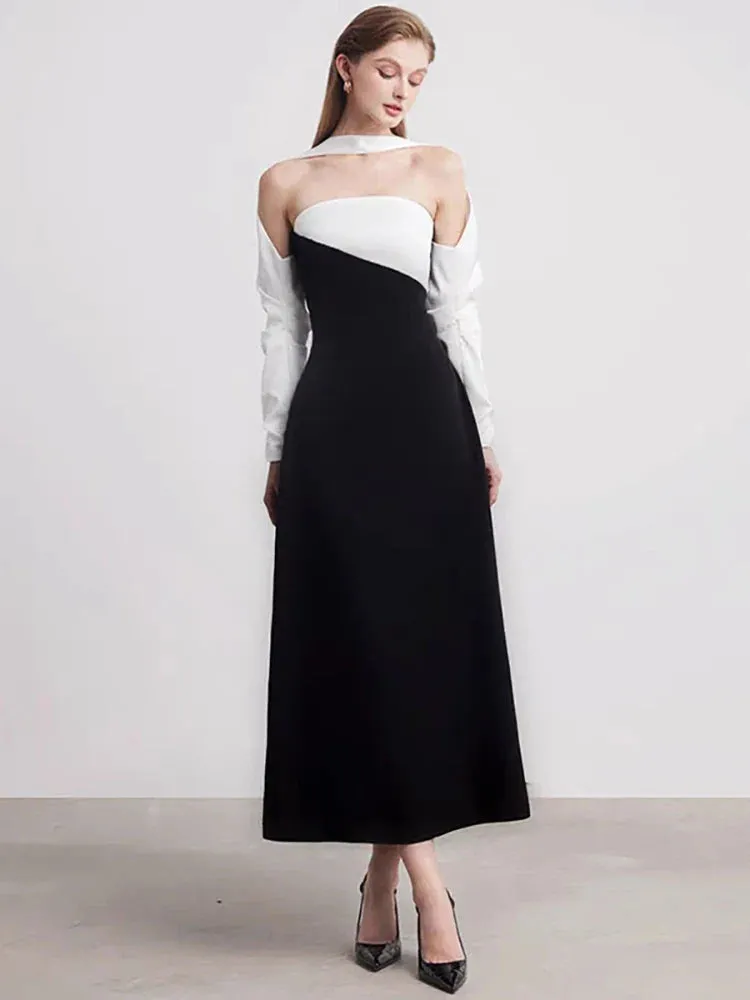 Elegant Dress Strapless Off Shoulder Contrast Color Asymmetric Women's Party Halter Dress