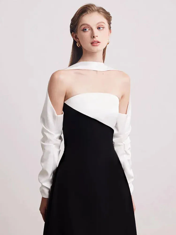 Elegant Dress Strapless Off Shoulder Contrast Color Asymmetric Women's Party Halter Dress