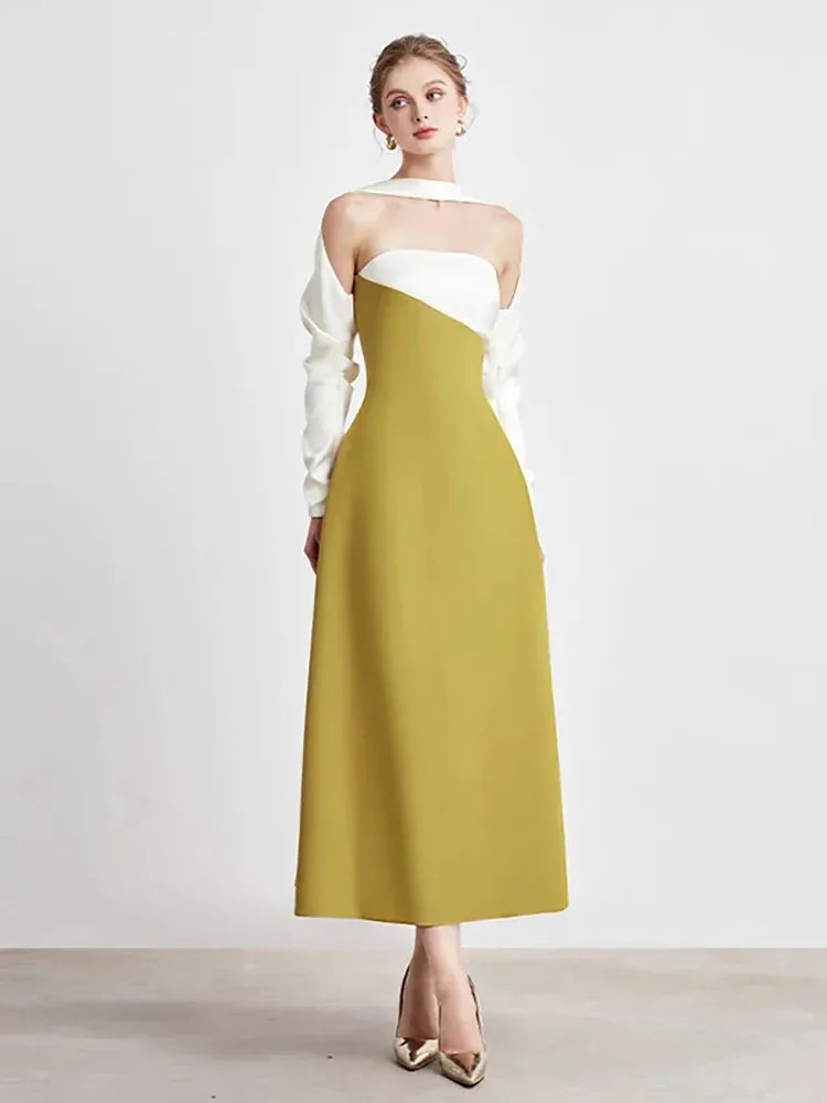 Elegant Dress Strapless Off Shoulder Contrast Color Asymmetric Women's Party Halter Dress
