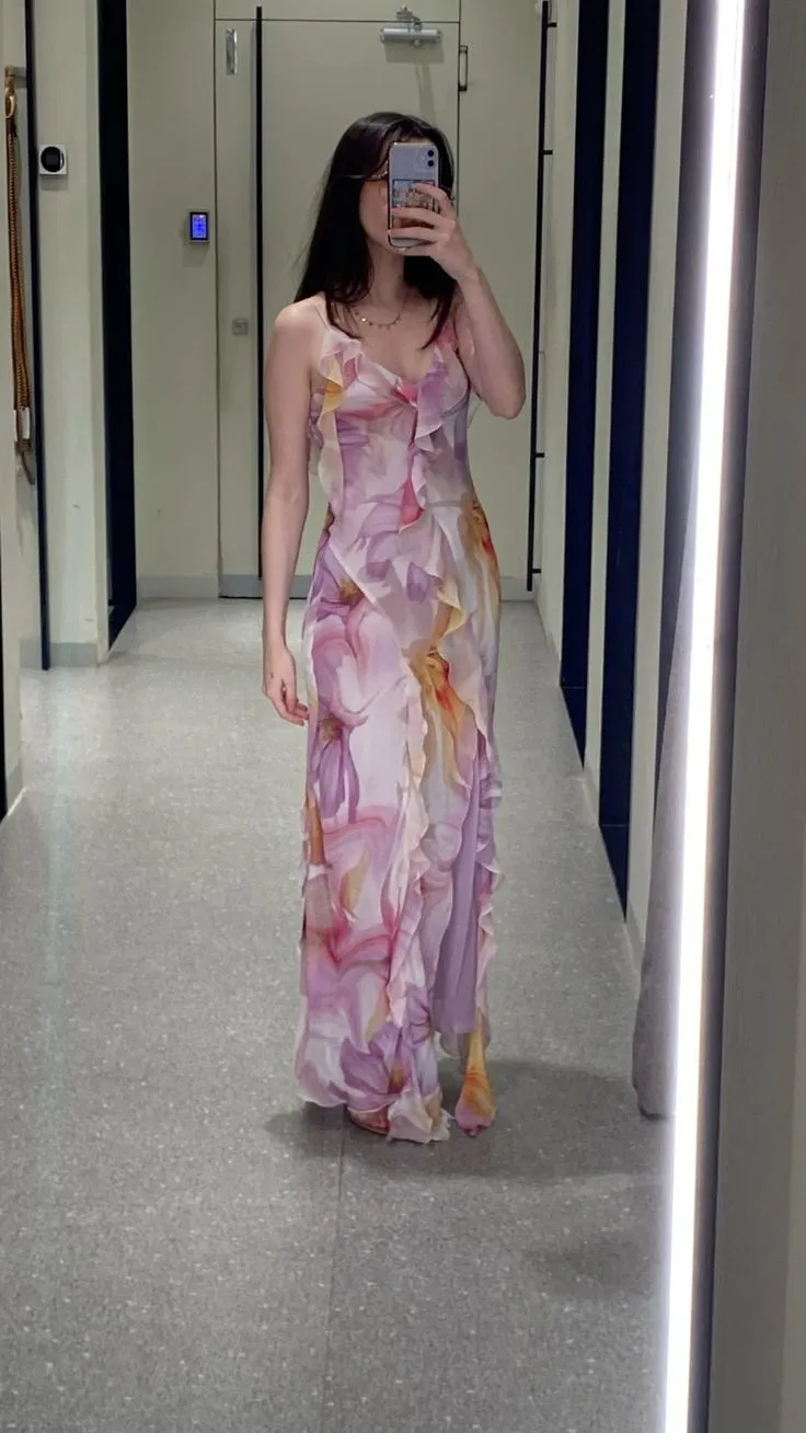 Elegant Lilac Straps Sheath Chiffon Long Party Dress Wedding Guest Dress, D559
