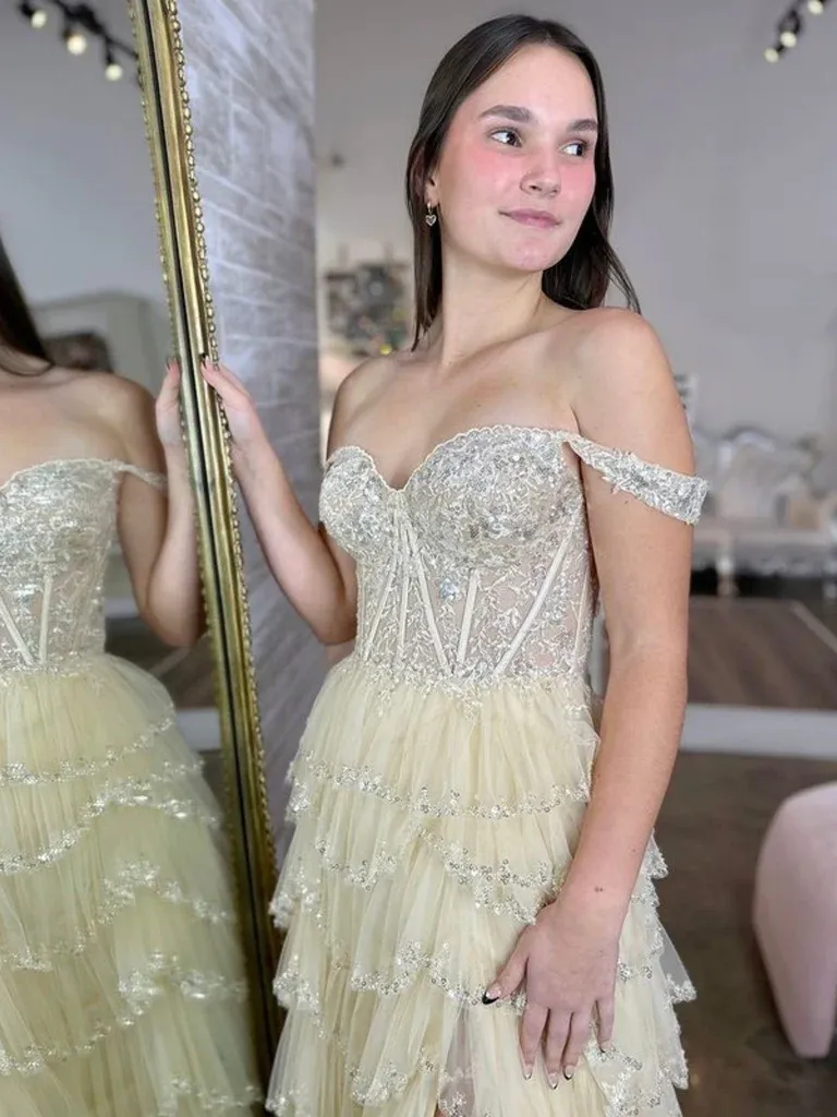 Elegant Off Shoulder Champagne Lace Long Prom Dresses with High Split, Champagne Lace Formal Evening Dresses