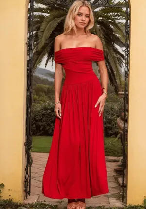 Elegant Off-Shoulder Red Maxi Dress for Sophisticated Evening and Formal Party Glam