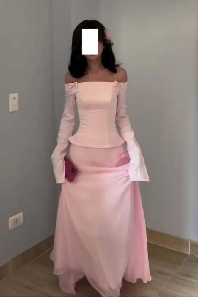 Elegant Pink Off Shoulder Sheath Long Party Dress Lovely Birthday Outfits, D978