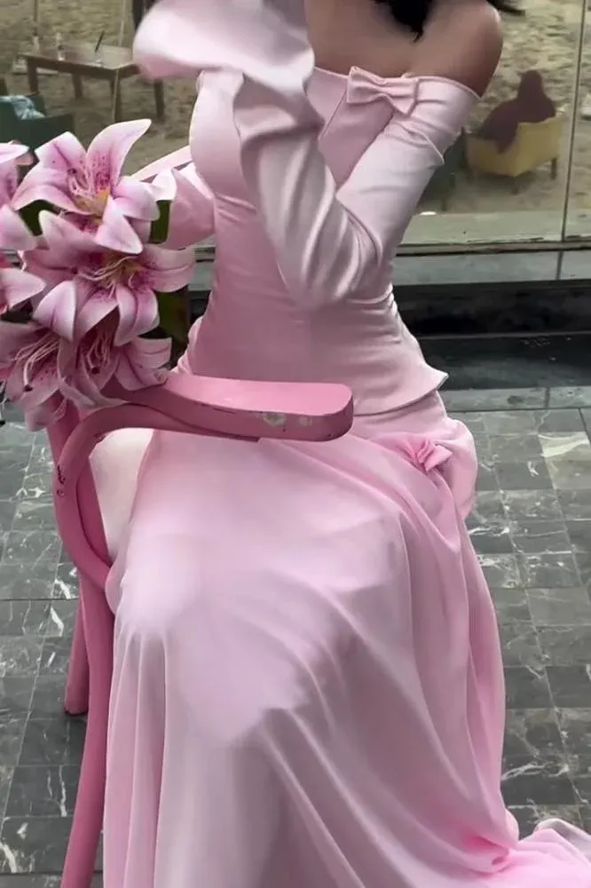 Elegant Pink Off Shoulder Sheath Long Party Dress Lovely Birthday Outfits, D978