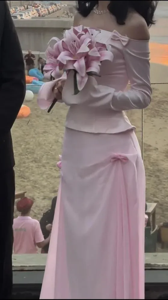 Elegant Pink Off Shoulder Sheath Long Party Dress Lovely Birthday Outfits, D978