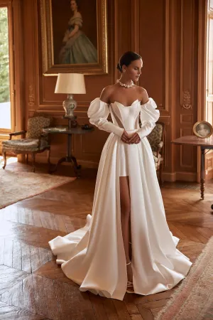 Elegant Satin Wedding Dresses Detachable Long Sleeves Mini Lining Leg Slit Formal Bridal Gowns Long Train Wedding Gowns