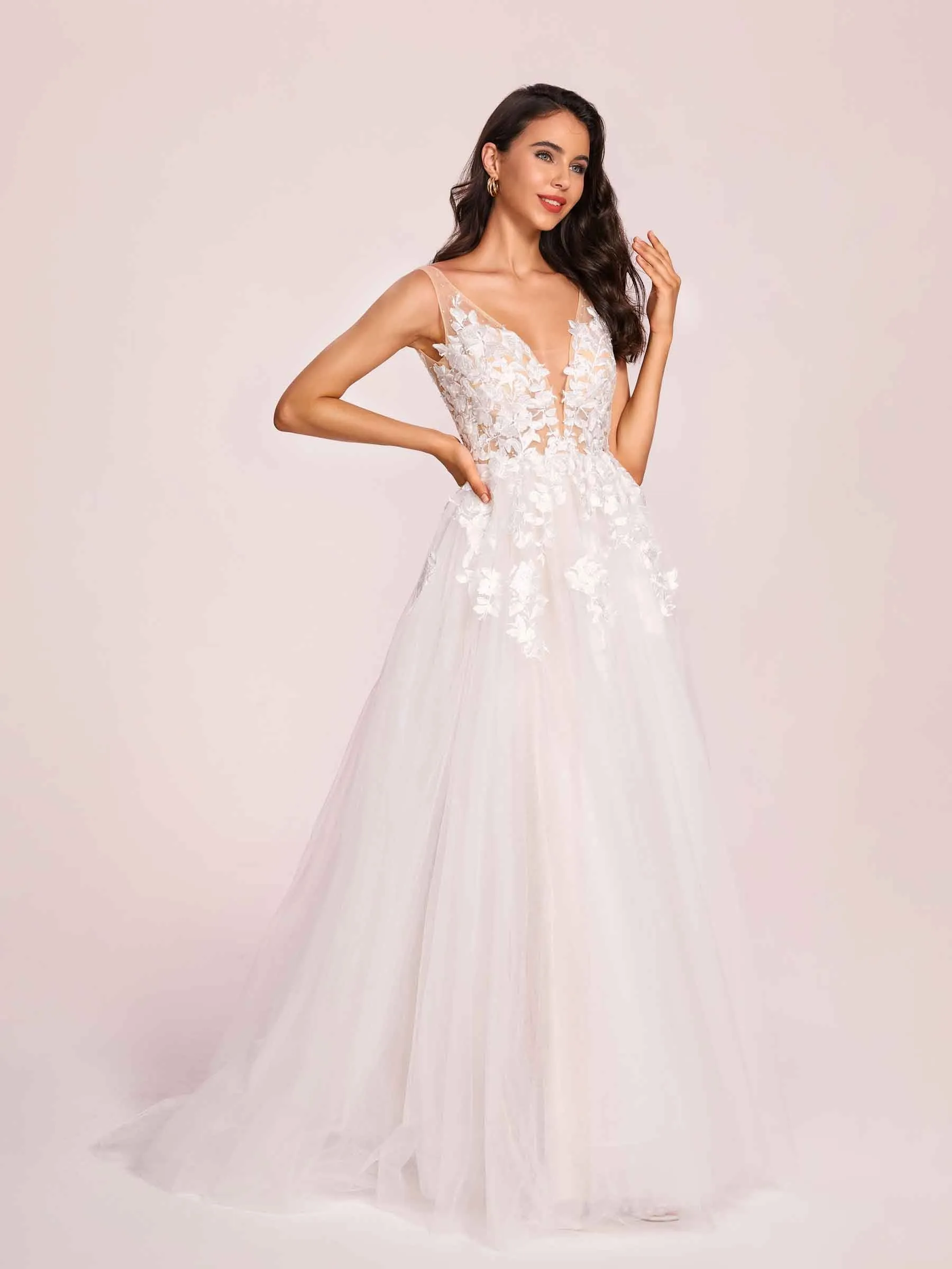 Elegant V-neck Open Back A-line Lace Floor Length Wedding Dress