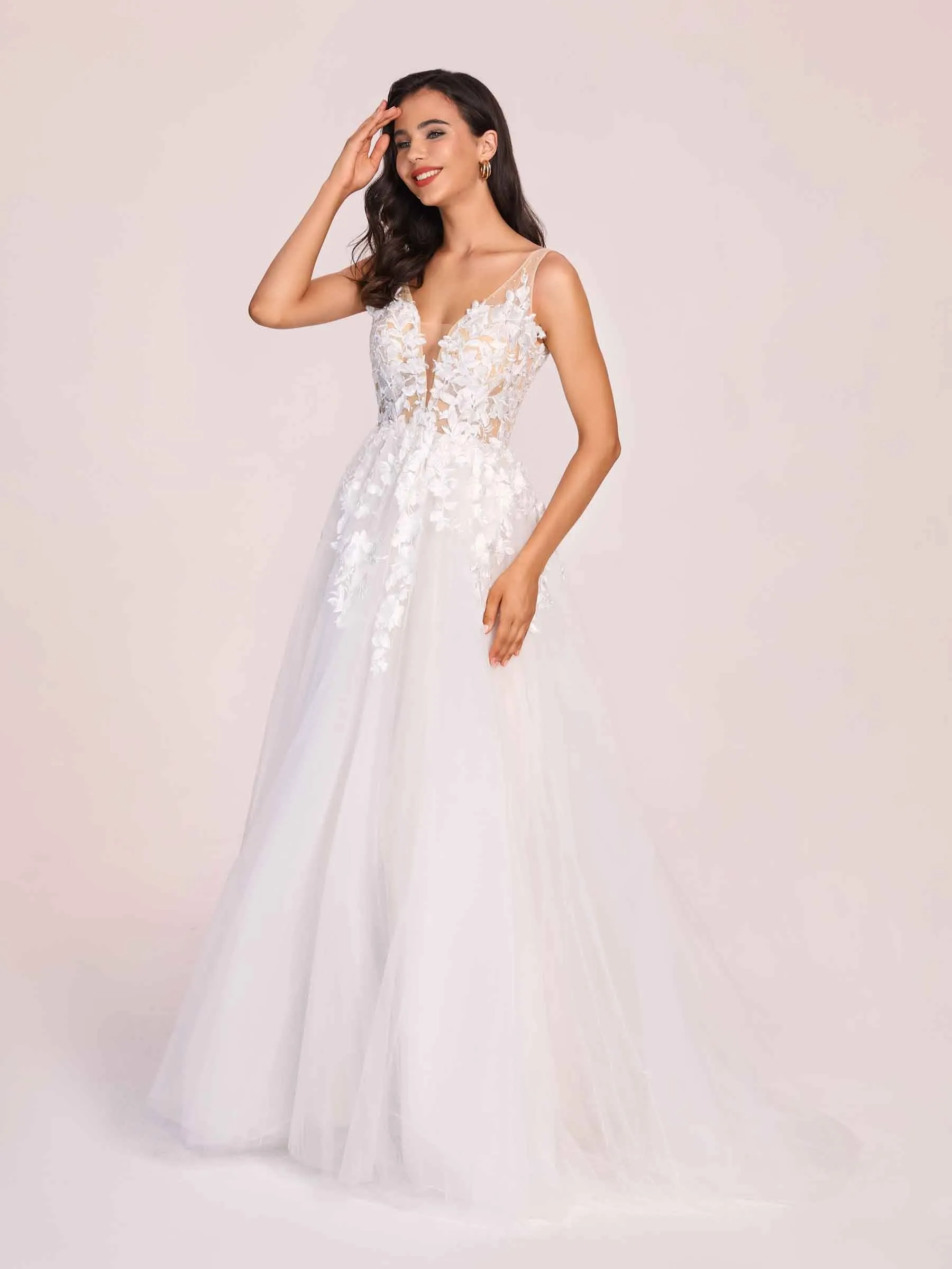 Elegant V-neck Open Back A-line Lace Floor Length Wedding Dress