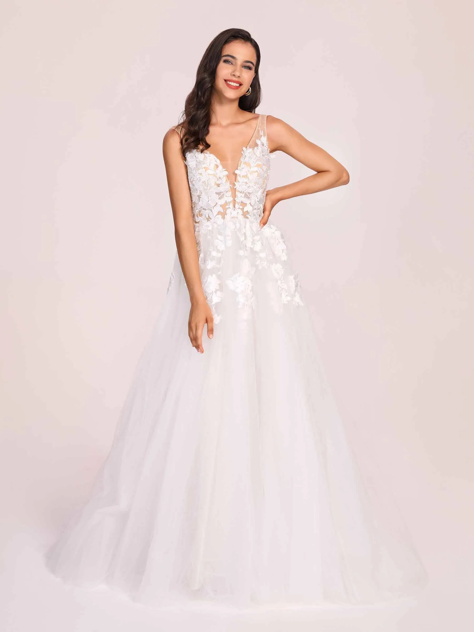 Elegant V-neck Open Back A-line Lace Floor Length Wedding Dress