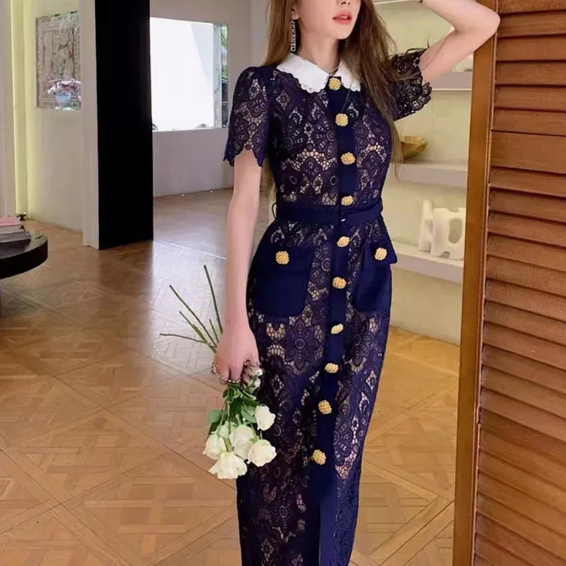 Elegant Vintage Solid Lace Hollow Out Dress For Women Summer Short Sleeve Gold Button Dress