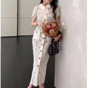 Elegant Vintage Solid Lace Hollow Out Dress For Women Summer Short Sleeve Gold Button Dress