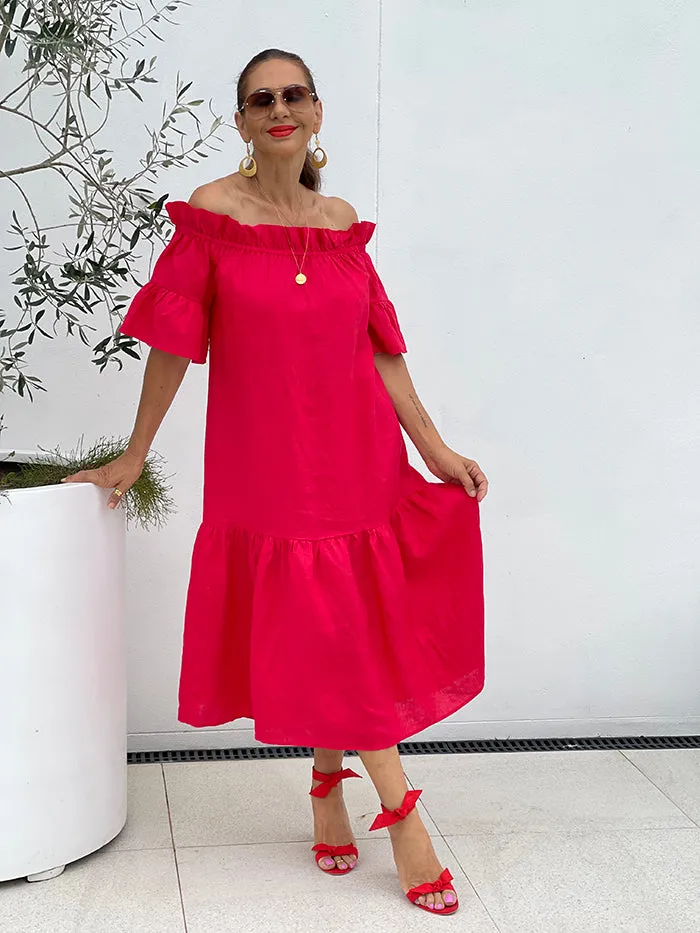 Elle Off The Shoulder Midi Dress - Red