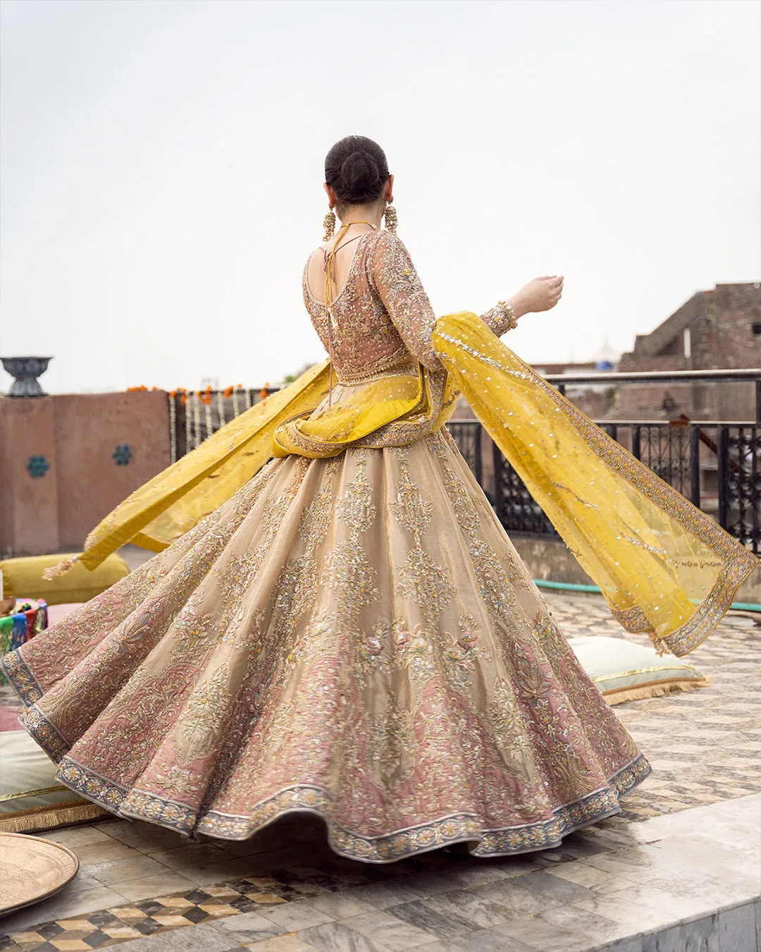 Embellished Chiffon Choli with Tissue Lehenga and Net Dupatta Pakistani Bridal Dress