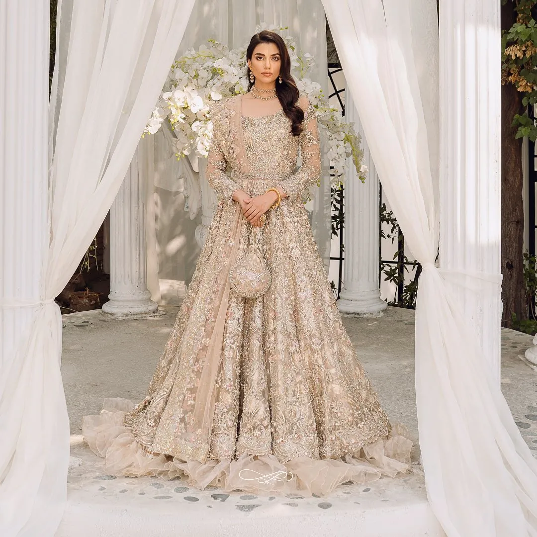 Embellished Indian Bridal Wear Beige Skin Lehenga Frock