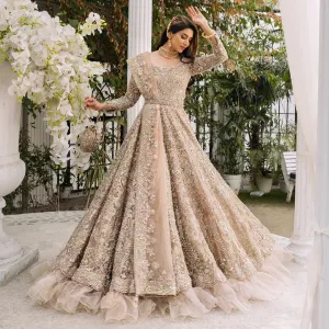 Embellished Indian Bridal Wear Beige Skin Lehenga Frock