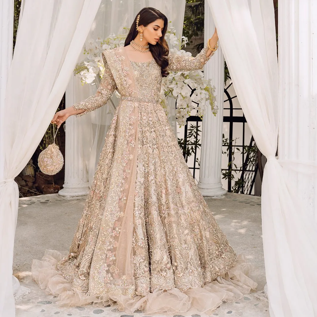 Embellished Indian Bridal Wear Beige Skin Lehenga Frock