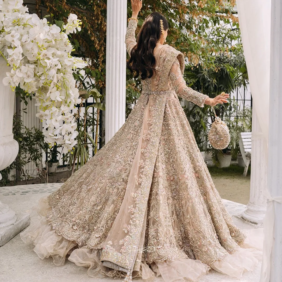 Embellished Indian Bridal Wear Beige Skin Lehenga Frock