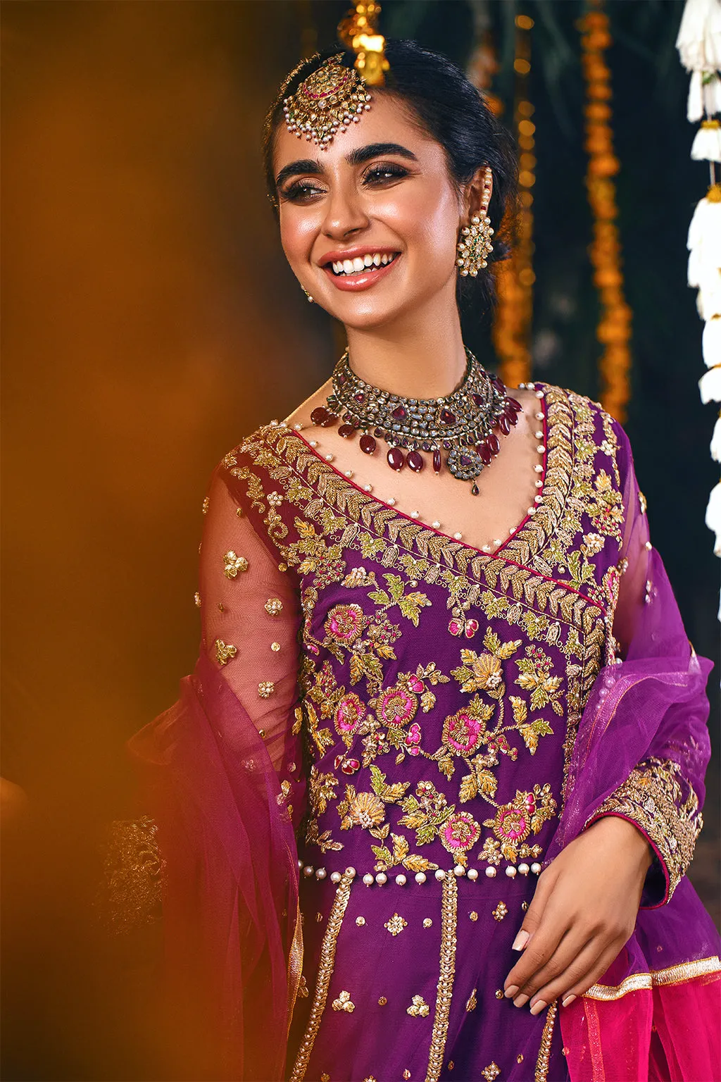 Embellished Purple Kalidar Pishwas Pakistani Mehndi Dresses