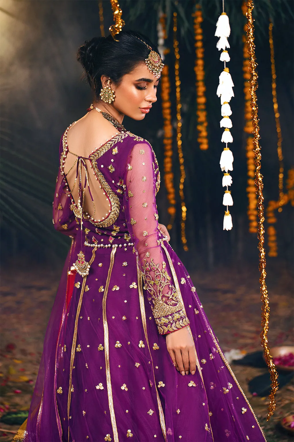 Embellished Purple Kalidar Pishwas Pakistani Mehndi Dresses
