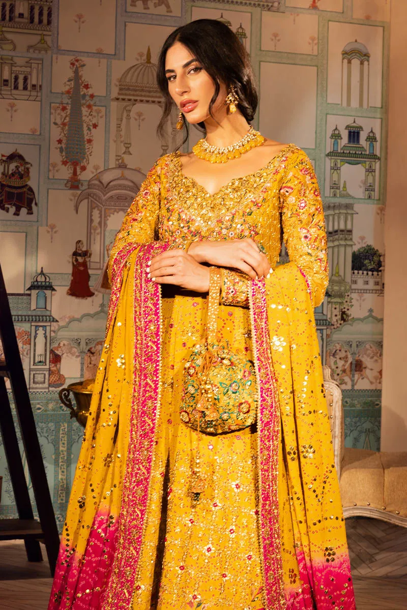 Embellished Yellow Chiffon Pishwas Pakistani Mehndi Dresses