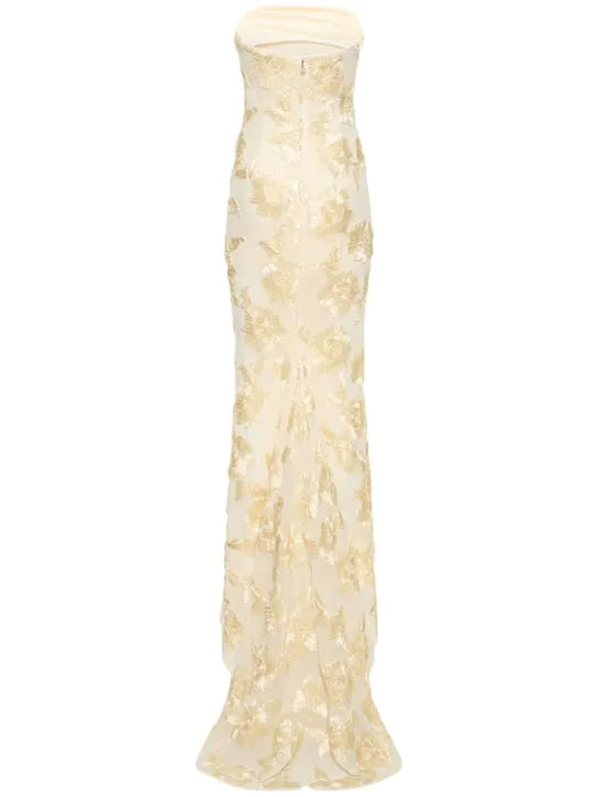 EMBROIDERED STRAPLESS GOWN IN APRICOT