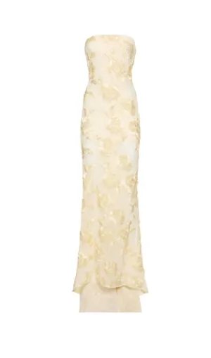 EMBROIDERED STRAPLESS GOWN IN APRICOT