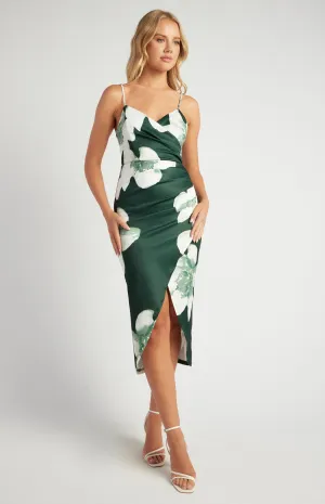 Emerald Green Floral Pleated Side Detail Midi Dress