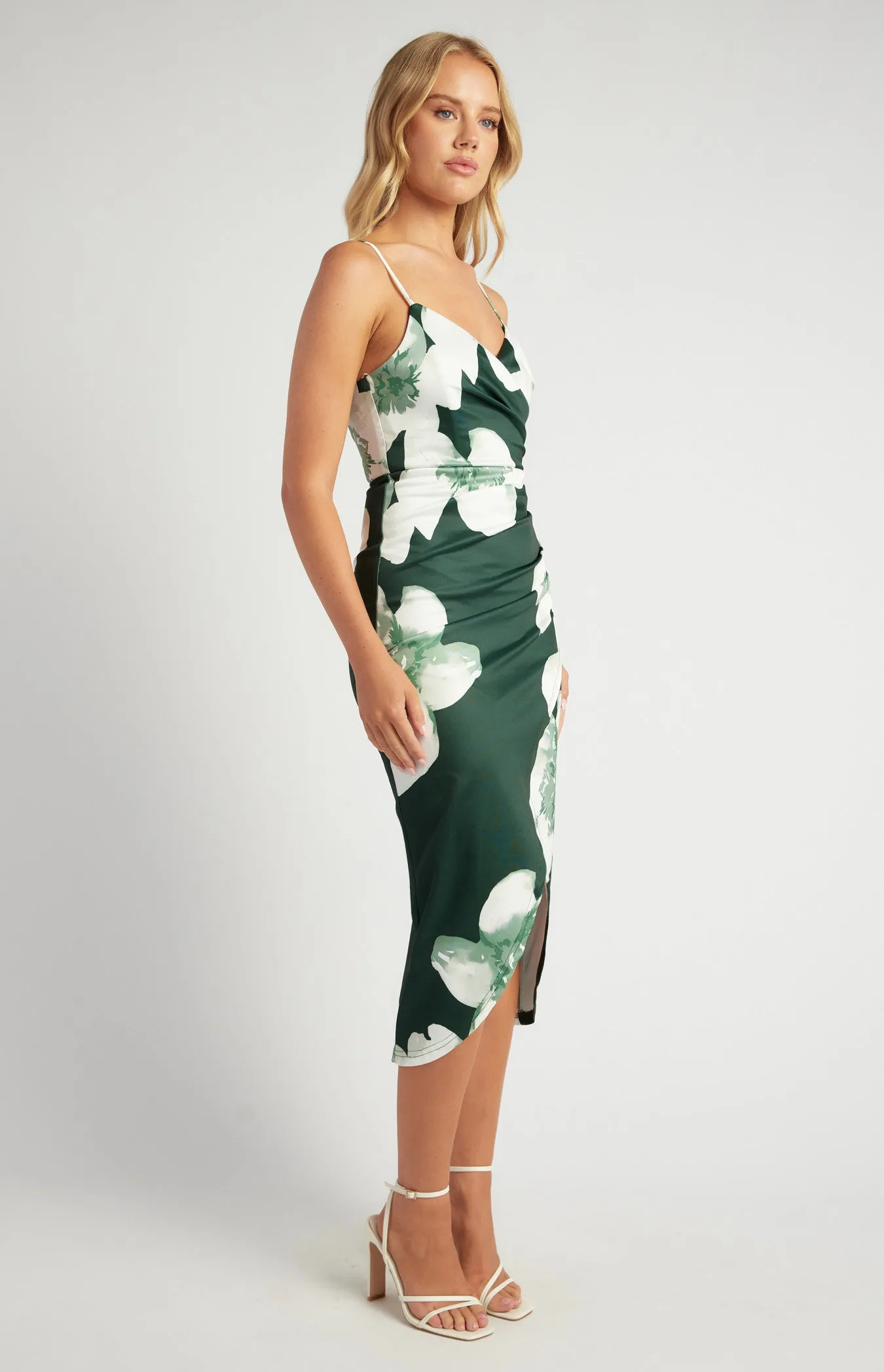 Emerald Green Floral Pleated Side Detail Midi Dress
