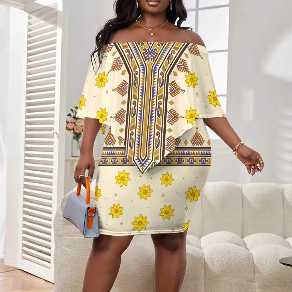 Enkutatash Dashiki Adey Abeba Pattern Off Shoulder Short Dress LT01