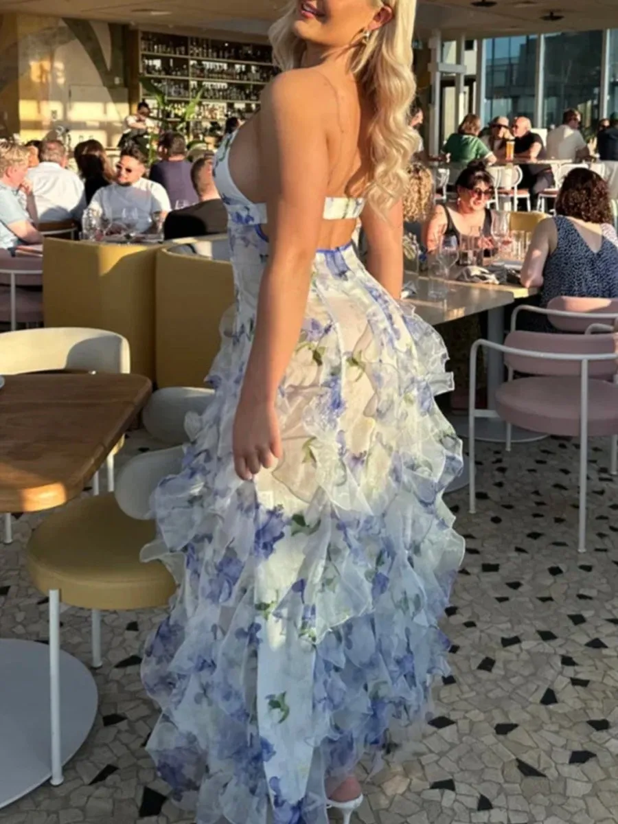 Enzy | Blue A-Line Chiffon Spaghetti Strap Prom Dresses