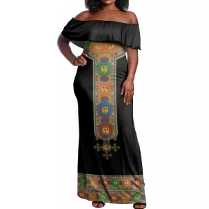 Ethiopia Saba Kemis Habesha Style Off Shoulder Maxi Dress Black Color LT15