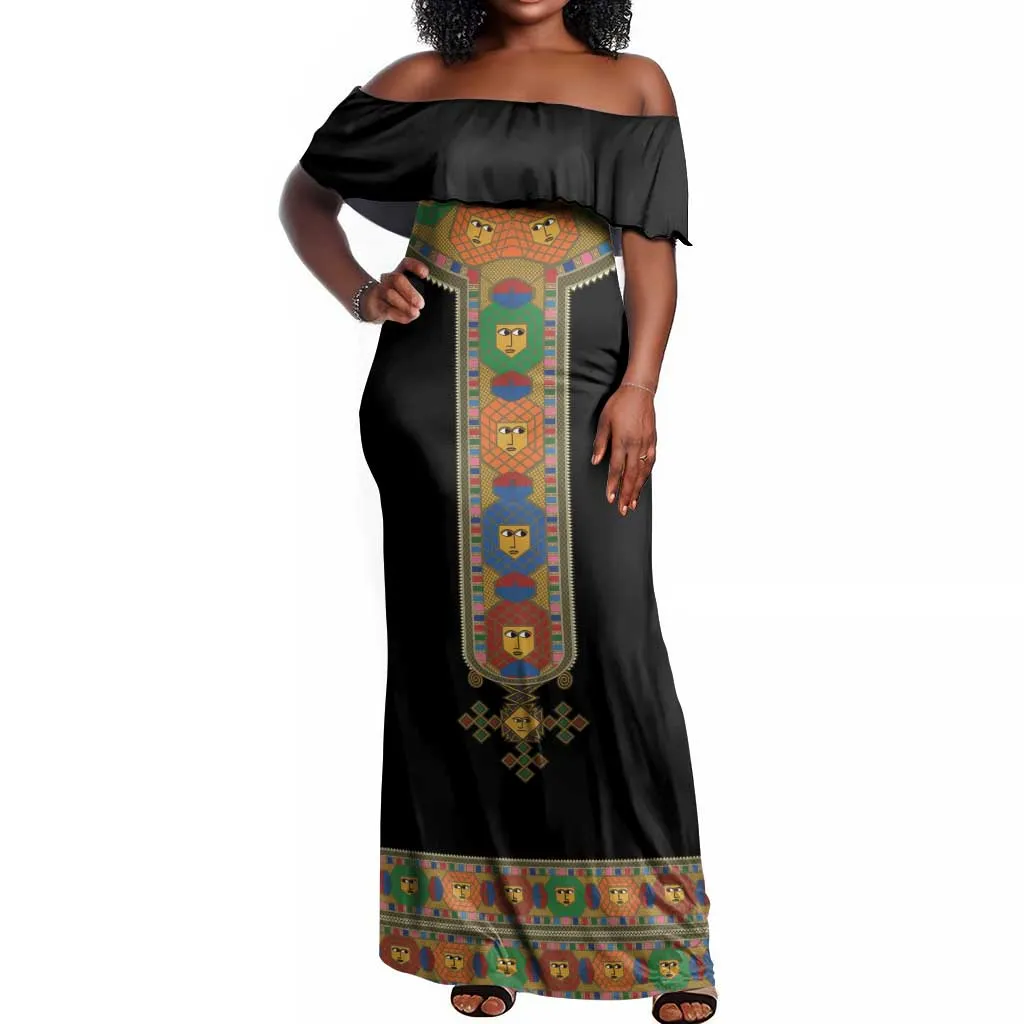 Ethiopia Saba Kemis Habesha Style Off Shoulder Maxi Dress Black Color LT15