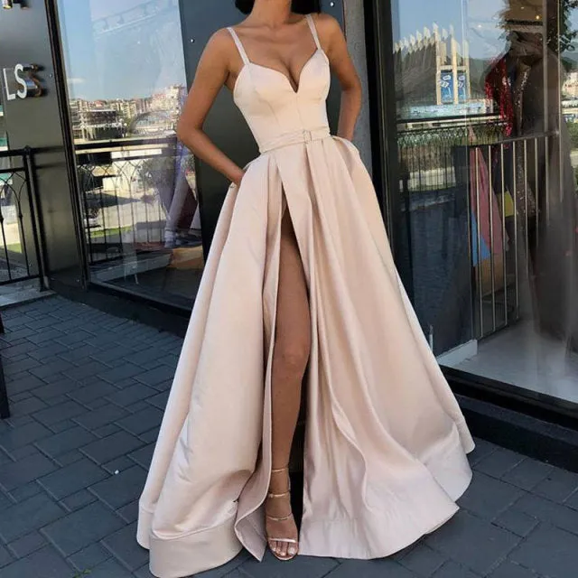 Evening Dress with High Slit Satin- Spaghetti Straps Sweetheart dress