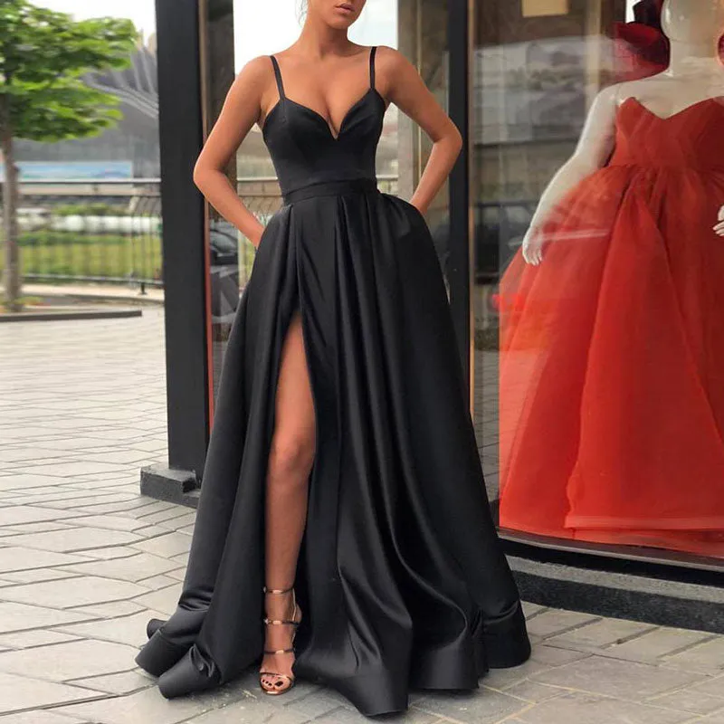 Evening Dress with High Slit Satin- Spaghetti Straps Sweetheart dress