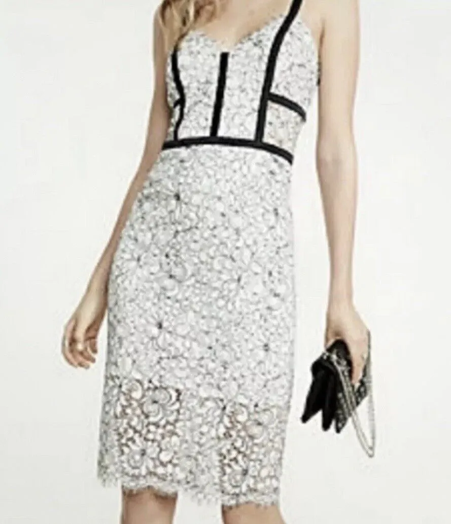 EXPRESS Black & White Floral Lace Dress Sz S Corset Crochet Sheath Velvet Trim