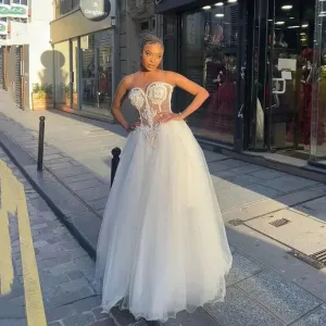 Exquisite Boho Wedding Gowns For Women Strapless Tulle Pearls Bridal Dress Corset Wedding Dresses Custom Made