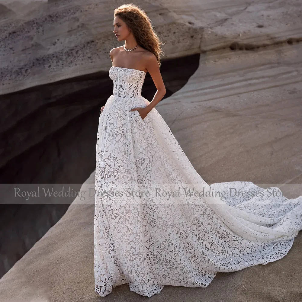 Exquisite Wedding Dress 2023 Strapless A Line Open Back Summer Wedding Gowns for Women Ivory Lace Pockets Luxury Robe De Mariée
