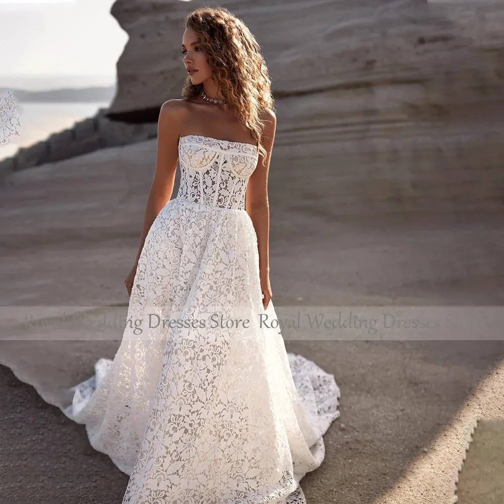 Exquisite Wedding Dress 2023 Strapless A Line Open Back Summer Wedding Gowns for Women Ivory Lace Pockets Luxury Robe De Mariée