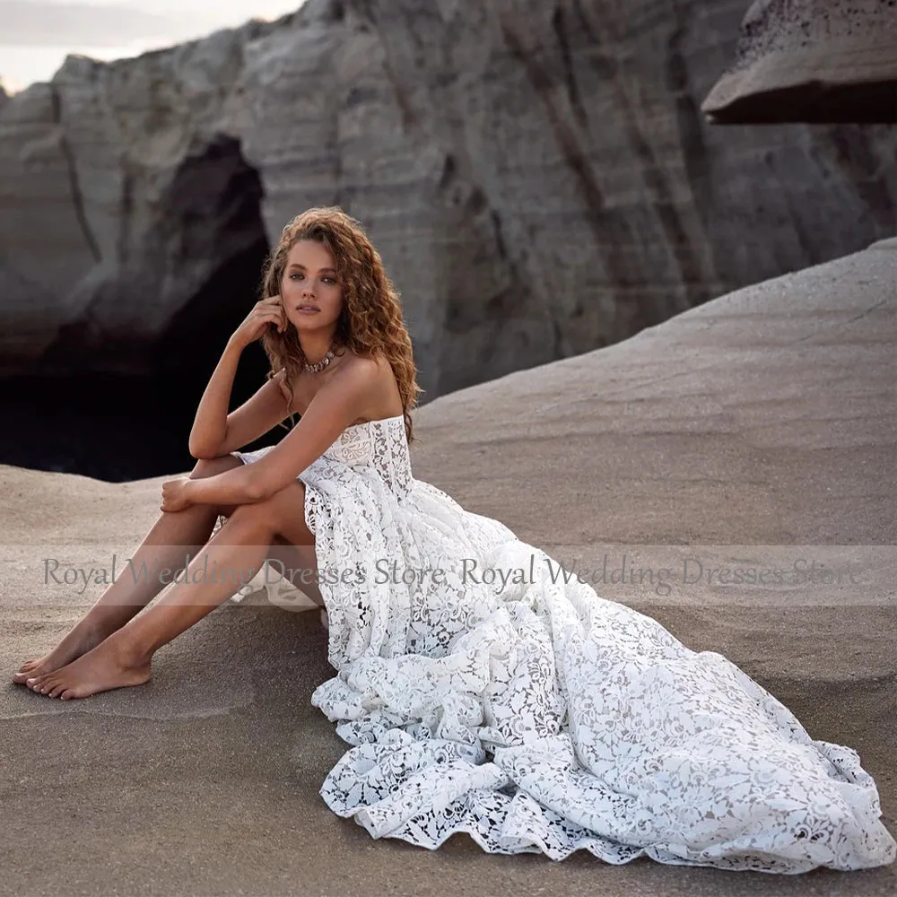 Exquisite Wedding Dress 2023 Strapless A Line Open Back Summer Wedding Gowns for Women Ivory Lace Pockets Luxury Robe De Mariée